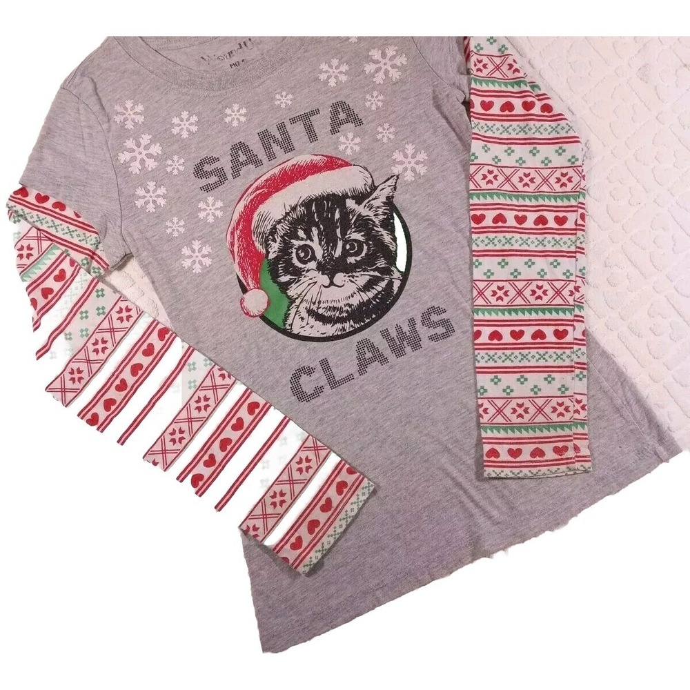 Wound Up Size M 7-9 Santa Claws Cat Holiday Christmas Top Shirt Long Sleeve Gray